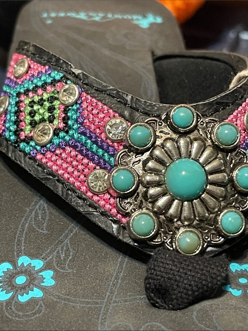 New Beaded Turquoise Rhinestone Concho Kids Flip Flops - Pink/Teal sizes S- L